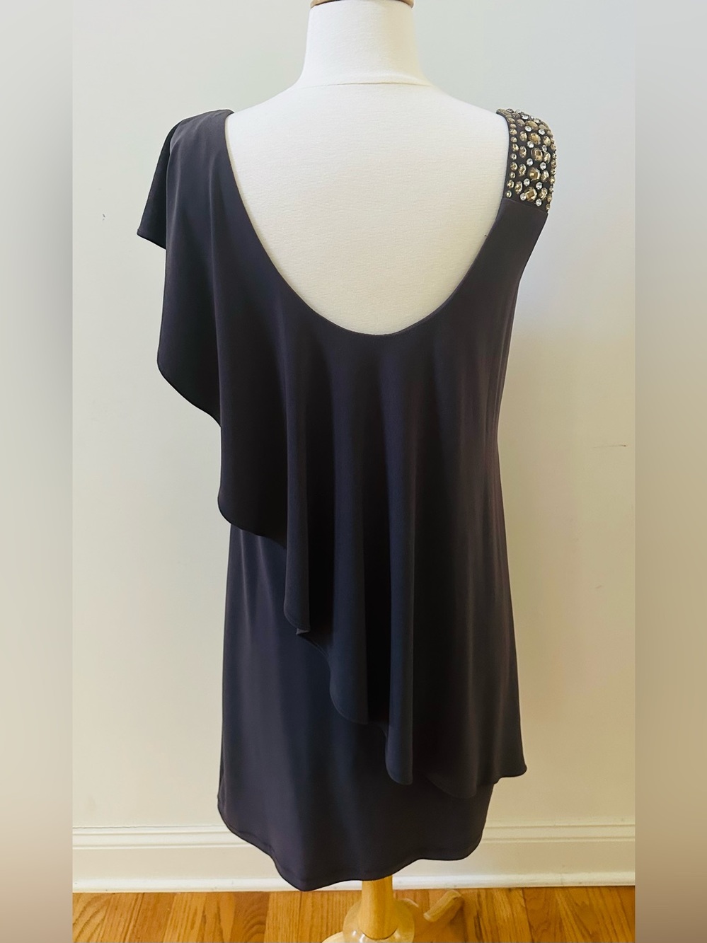 Betsy & Adam Charcoal Gray Asymmetrical Slip Dress with Beaded Shoulder Size 8